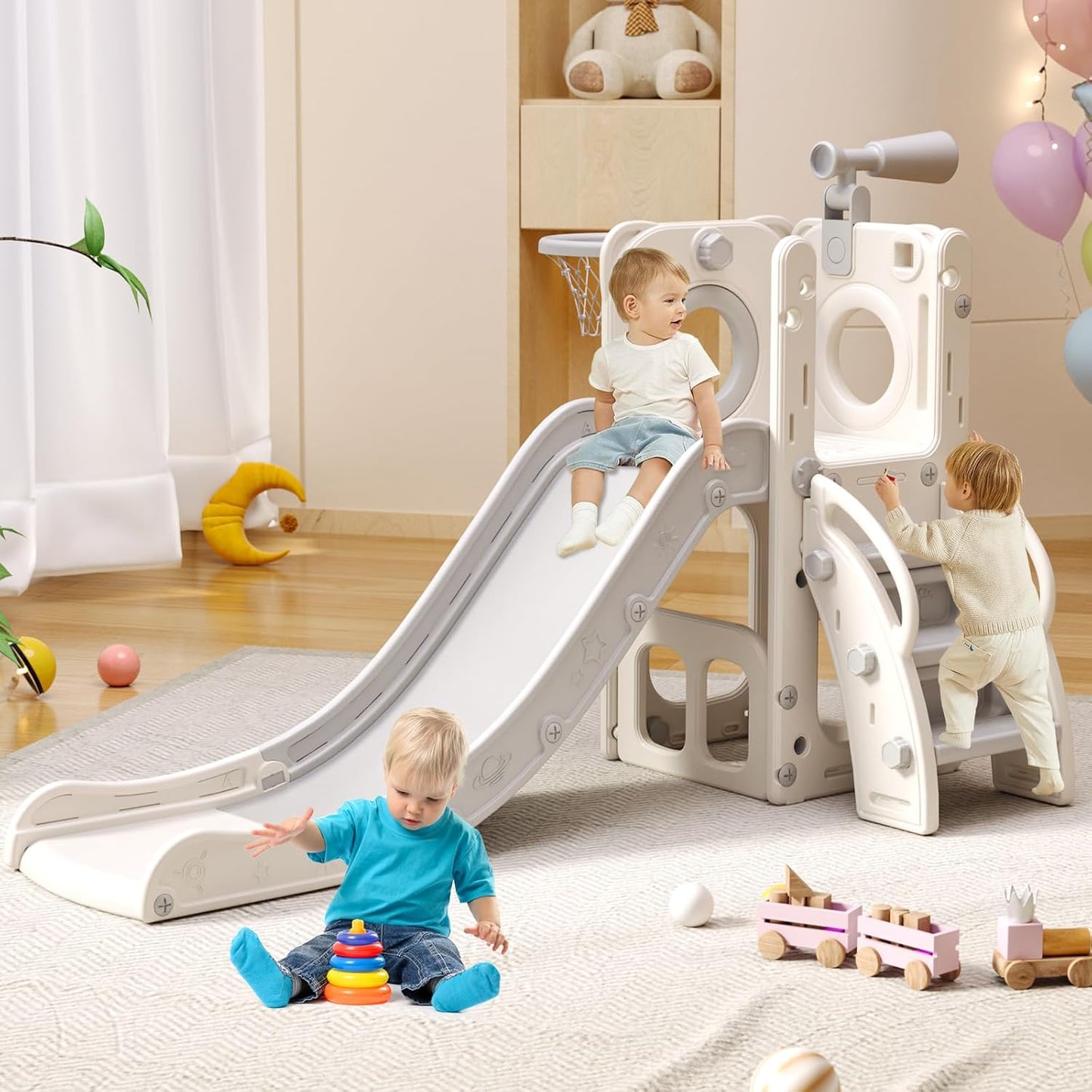 6 in 1 Toddler Playset with Slide,Toddler Slide,Slide for Kids with Basketball Hoop,Ball,Ring Toss,Kids Slide Toddler Playground Toddler Slide Indoor Outdoor Toys