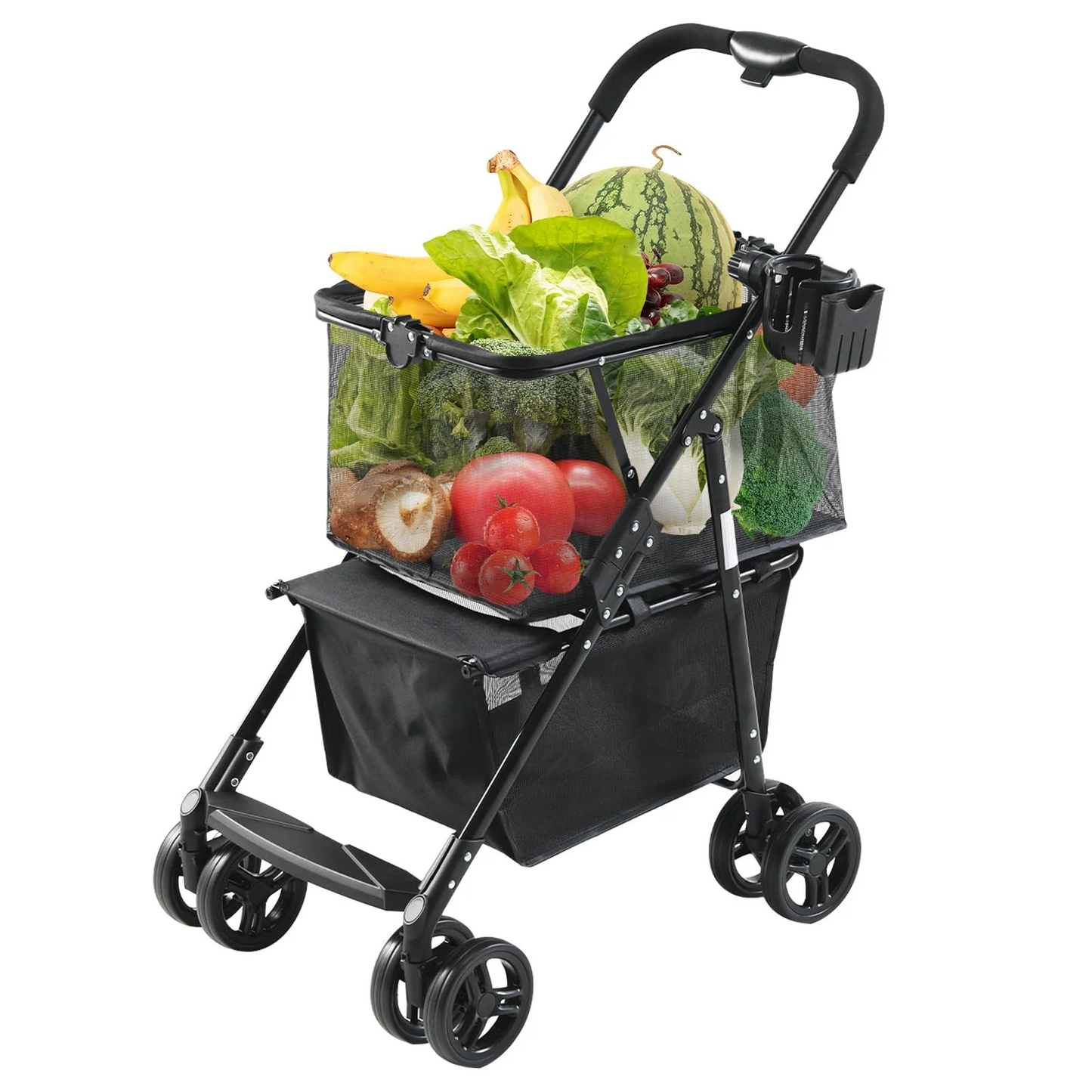 Folding Shopping Cart with Wheels, 80lbs Multifunctional Portable Personal Grocery Carts 2-Tier Portable Utility Cart, Adjustable Folding Trolley for Groceries
