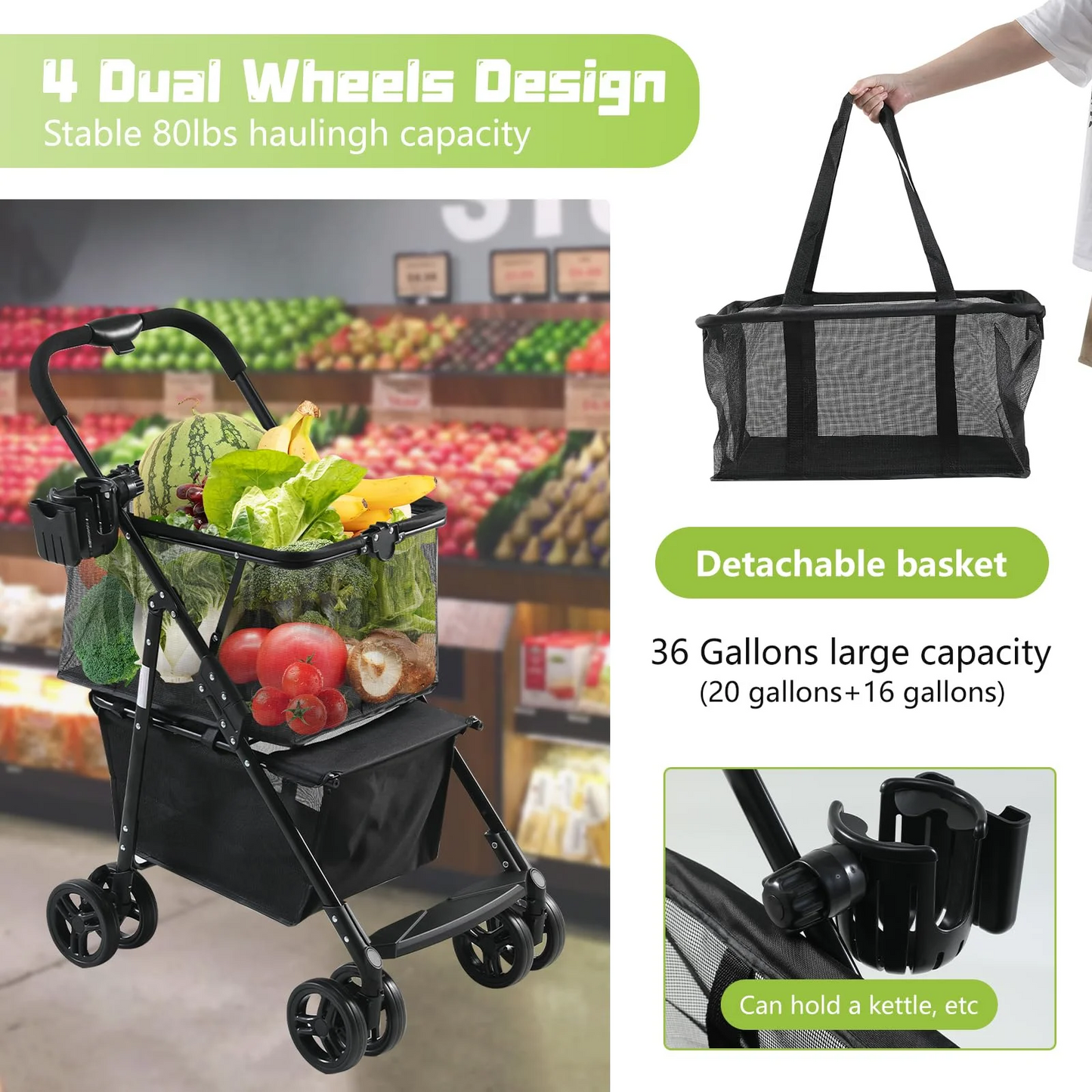 Folding Shopping Cart with Wheels, 80lbs Multifunctional Portable Personal Grocery Carts 2-Tier Portable Utility Cart, Adjustable Folding Trolley for Groceries