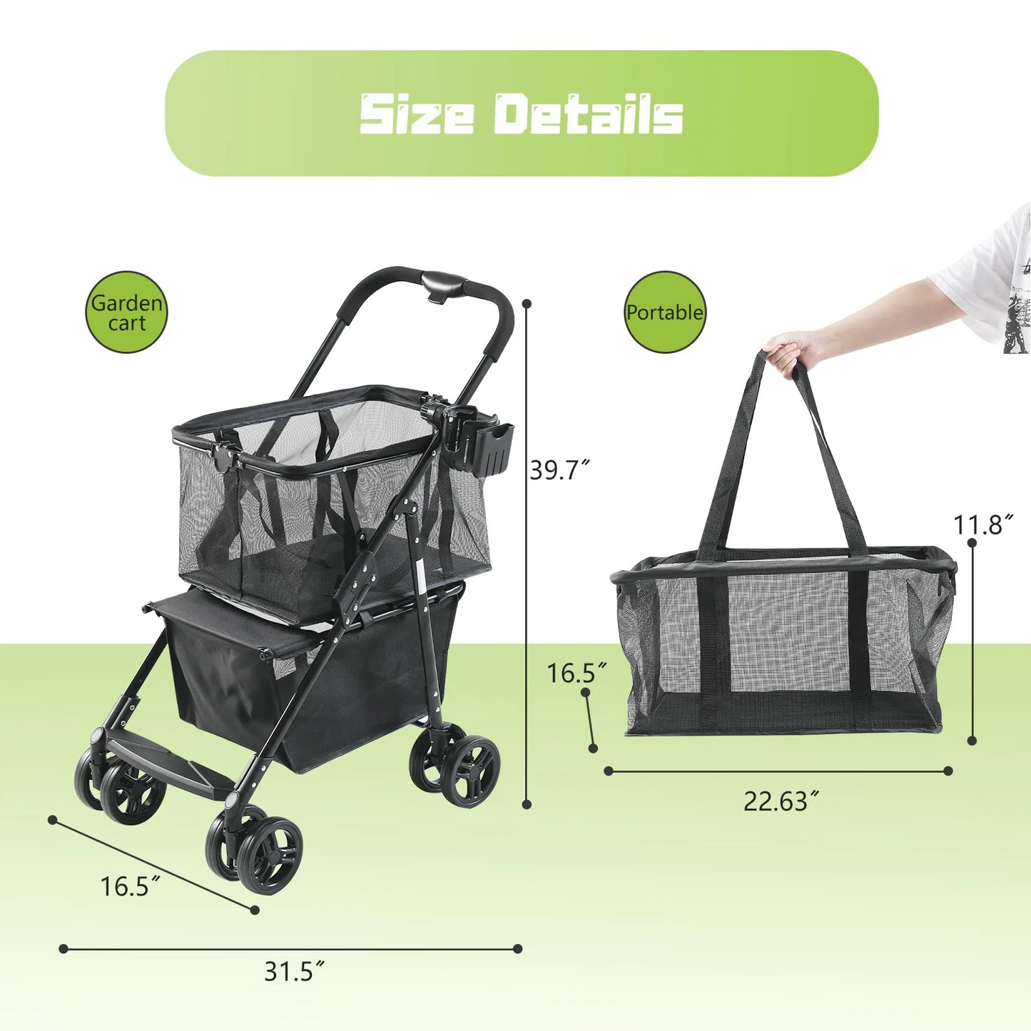 Folding Shopping Cart with Wheels, 80lbs Multifunctional Portable Personal Grocery Carts 2-Tier Portable Utility Cart, Adjustable Folding Trolley for Groceries