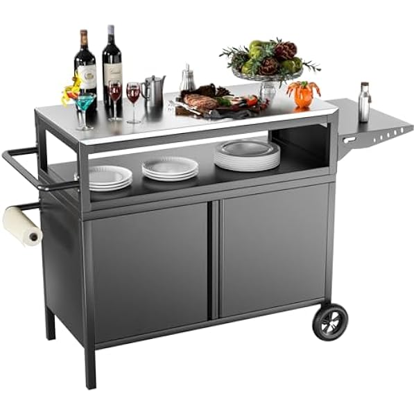 MUHYHY Outdoor Grill Prep Table with Storage, Portable Waterproof Outdoor Grill Cabinet, Stainless-Steel Tabletop Outdoor Kitchen Island, BBQ Cart with Wheels, Hooks and Side Shelf | Black