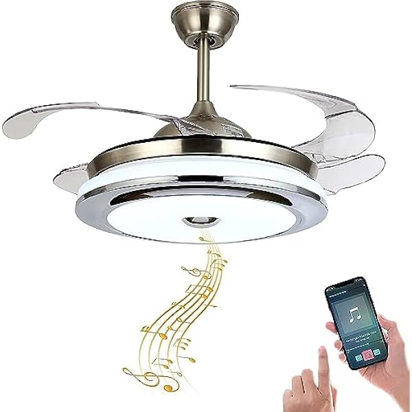 Bavnnro 42'' Reversible Bluetooth Ceiling Fan with Light and Speaker, LED Dimmable Fandelier Ceiling Fan Light with Remote Control Retractable Invisible Music Player Chandelier for Living Room