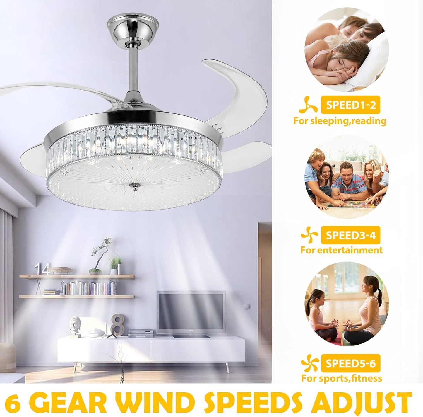 Amaxxo Invisible Ceiling Fan with Light,Modern Crystal Ceiling Fan Light with Remote Control for Bedroom Living Dining Room Decorati