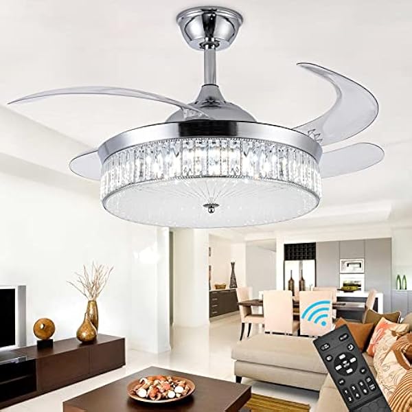 42"Invisible Ceiling Fan with Light,Modern Crystal Ceiling Fan Light with Remote Control 4 Retractable ABS Blades for Bedroom Living Dining Room Decoration
