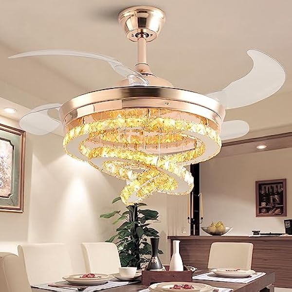 42" Crystal Ceiling Fan with Lights,Modern DIY Crystal Chandelier Ceiling Fan with Remote Control,Invisible Retractable Ceiling Fan for Living Room Bedroom Dining Room (Small Crystal, Gold)