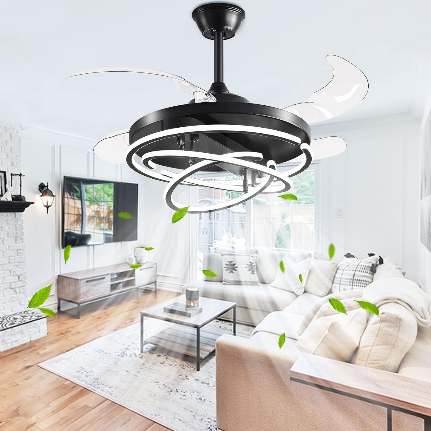 LWestine 42" Retractable Ceiling Fans with Lights Remote Control, Modern Ceiling Fan Rings LED Chandeliers, Invisible Ceiling Fans Fandelier with 4 Reversible Blades, 6 Speed Wind, Black