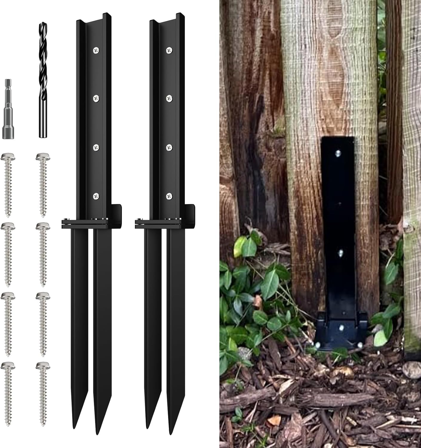 Heavy Duty Fence Post Repair Kit - 2 Pack | Thicker Anchor Ground Spike for Broken/Tilted Fence Post | Black Fence Post Stakes