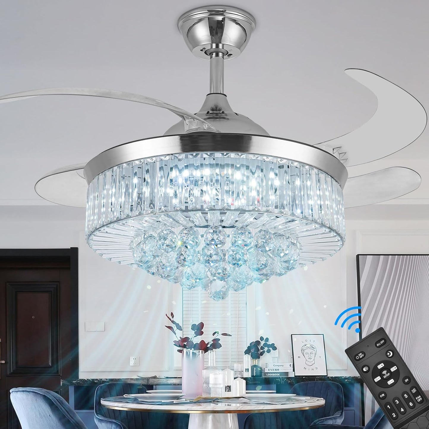 36" Invisible Ceiling Fan Chandelier Light,Modern Crystal Ceiling Fan Light Remote Control 4 Retractable ABS Blades for Bedroom Living Room Dining Room Decoration