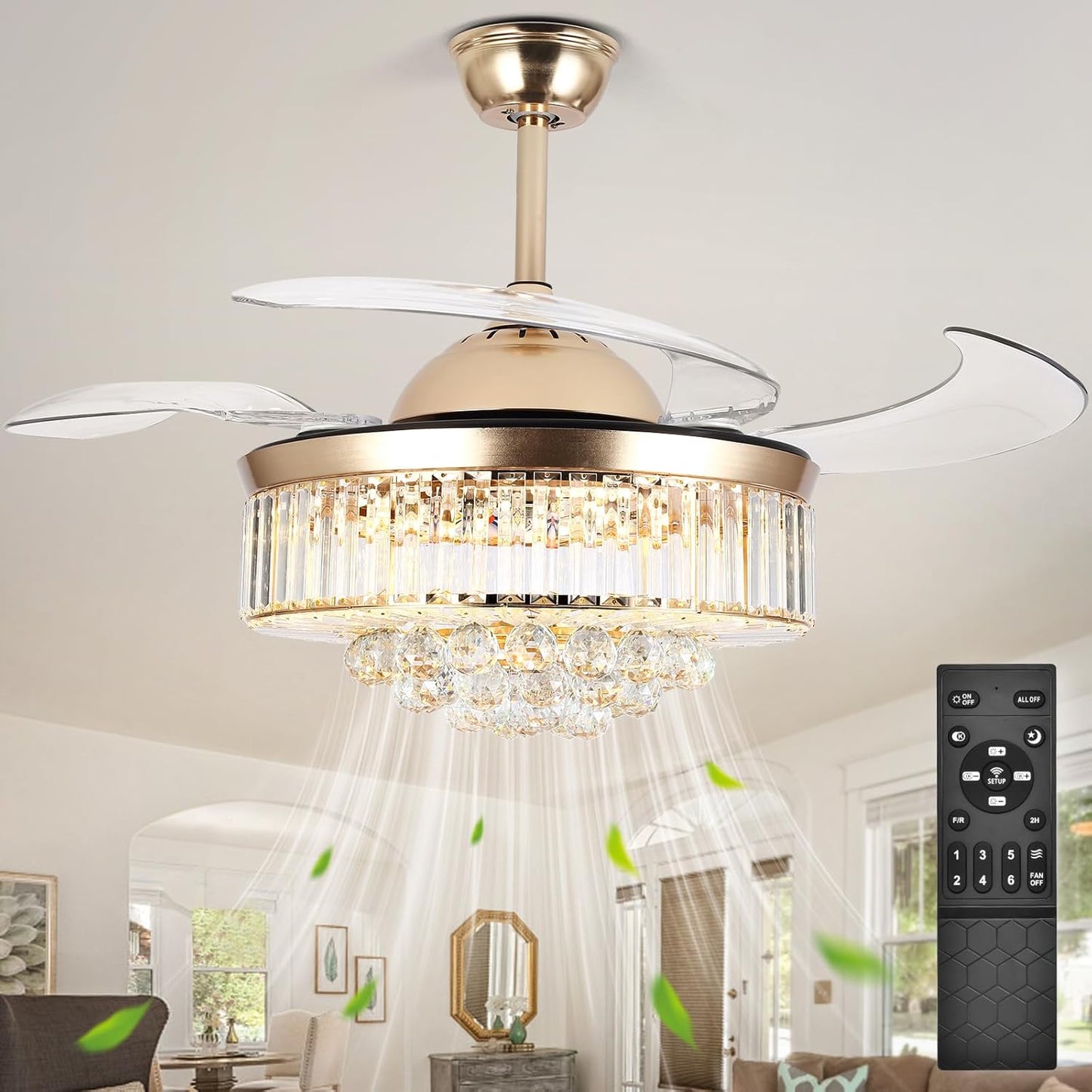 42''Reversible Chandelier Crystal Ceiling Fan with Lights, Stepless Dimming Modern Ceiling Fan Remote Control Retractable Invisible Blades, 6 Speeds Indoor Fandelier Kits for Living Room Bedroom