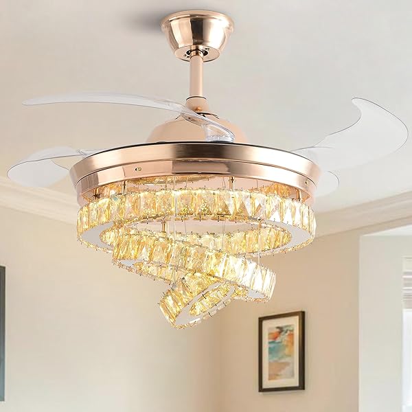 42" Crystal Ceiling Fan with Lights Modern Crystal Chandeliers Ceiling Fan Remote,Dimmable Fandelier Retractable Crystal Ceiling Fan,Invisible Ceiling Fan Rings LED Chandelier (Big Crystal, Gold)