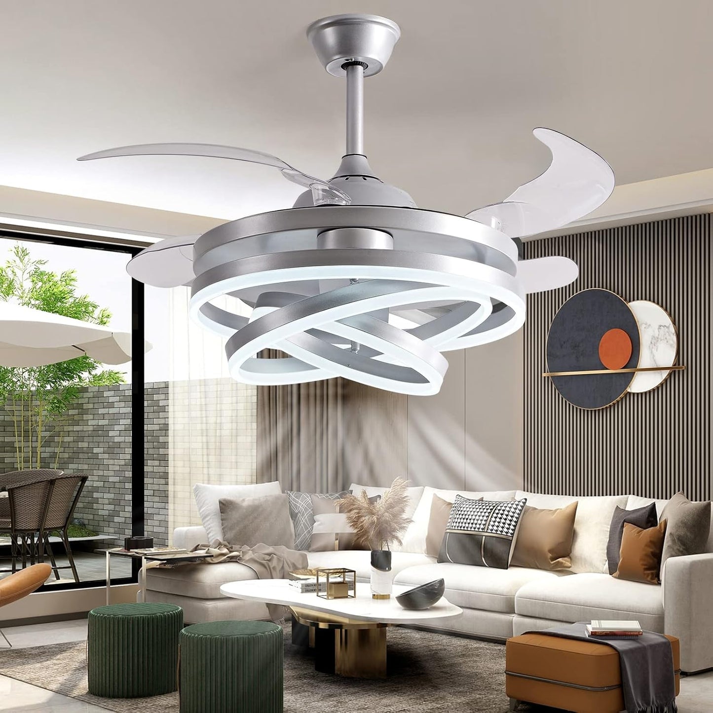 42" Invisible Ceiling Fan Chandelier Light,Modern DIY Ceiling Fan Light Remote Control 4 Retractable ABS Blades for Bedroom Living Dining Room Decoration (42", Silver)