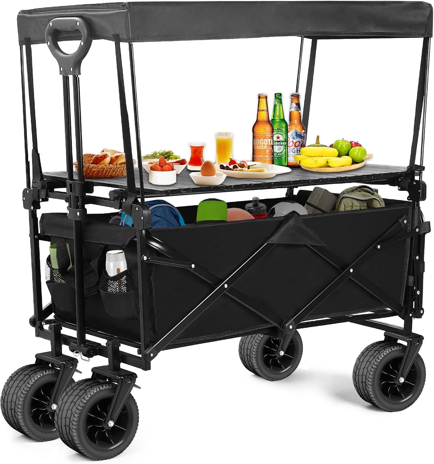 SHINLEYPACK Collapsible Wagon with Table and Canopy, Large Capacity Wagons Carts, Beach Wagon with Big Wheels, Heavy Duty Beach Car Utility Wagon for Outdoor Park, Shopping, Sports, Camping, Garden