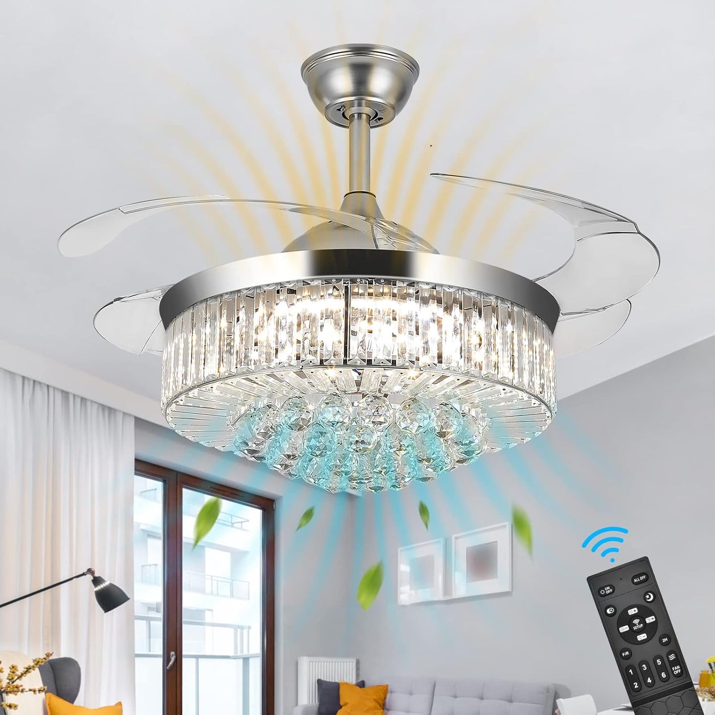42" Chandelier Ceiling Fan Light, Modern Retractable Invisible Ceiling Fan Light Remote Control 4 Retractable ABS Blades for Bedroom Living Room Dining Room Decoration