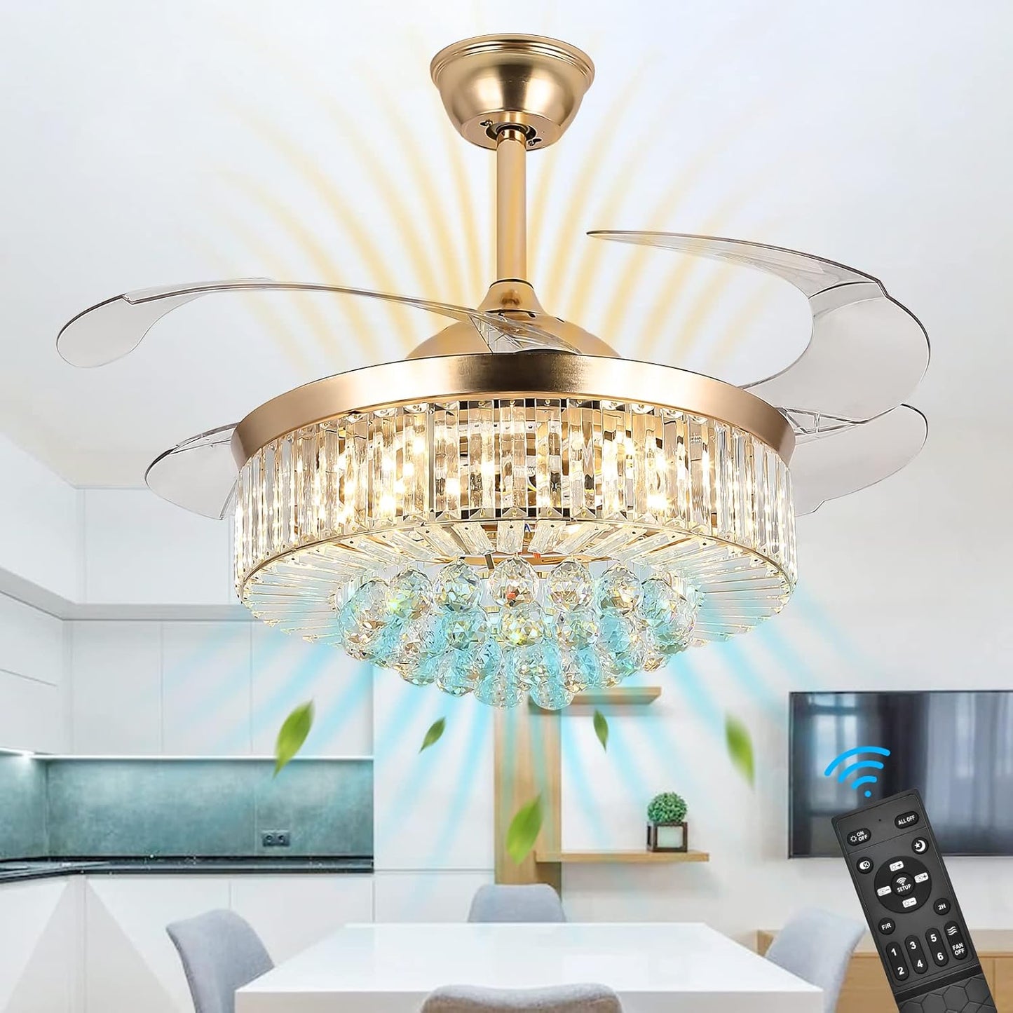 wuyule 42 Inch Crystal Ceiling Fan Golden Modern Crystal Chandelier Ceiling Fan with Lights and Remote, Invisible Fandelier LED Light kit with Retractable Blades for Indoor Living Room Bedroom