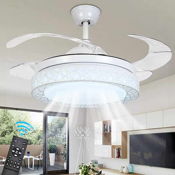 Panghuhu88 42" Invisible Ceiling Fan Chandelier with Light,Modern Crystal Ceiling Fan Light Remote Control 4 Retractable ABS Blades for Bedroom Living Dining Room Decoration