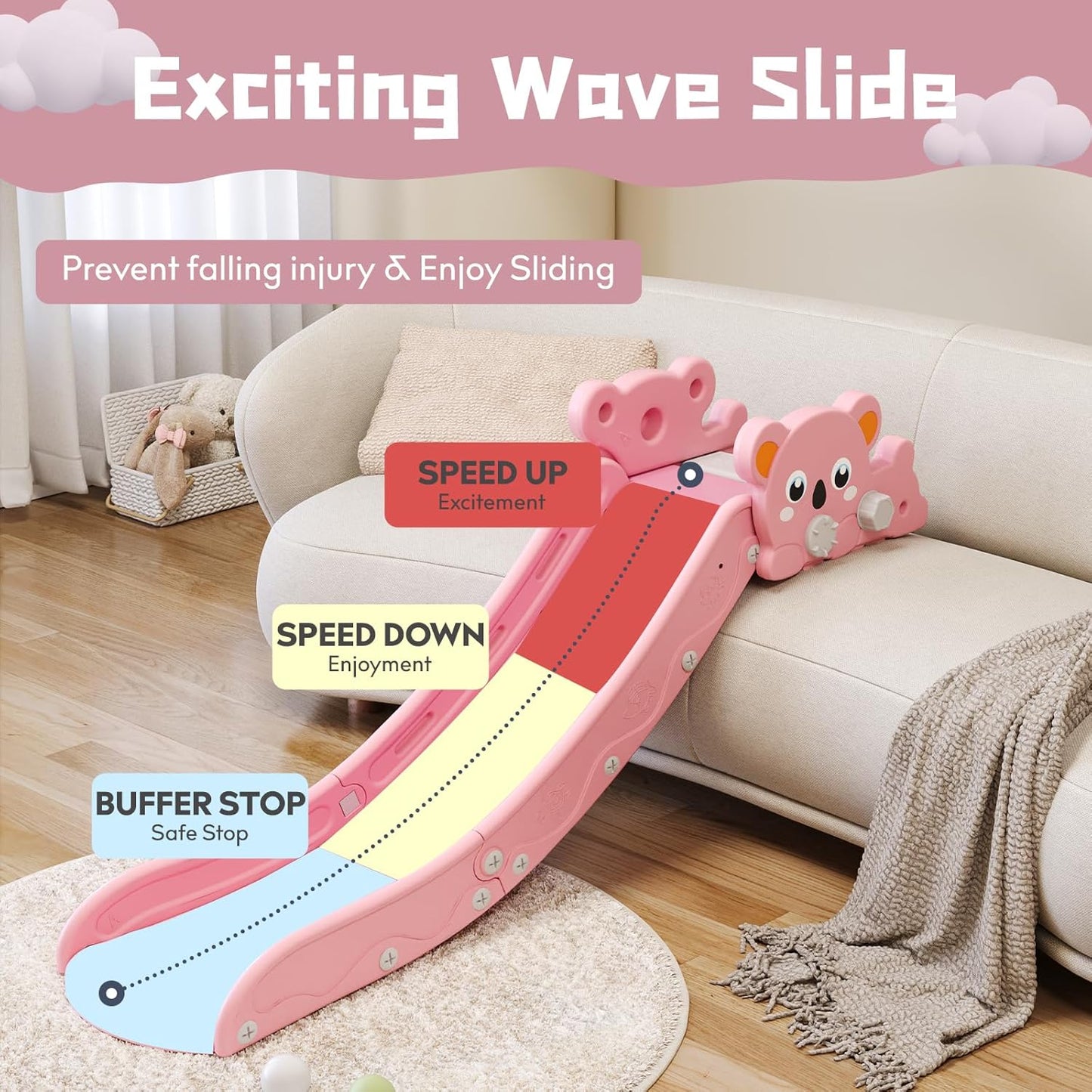 Kids Slide,L-Shaped Slide for Bed Couch Sofa Stairs,Toddler Slide for Indoor Outdoor Baby Kids Slide,Easy to Assemble,Convenient and Adaptable (Pink)