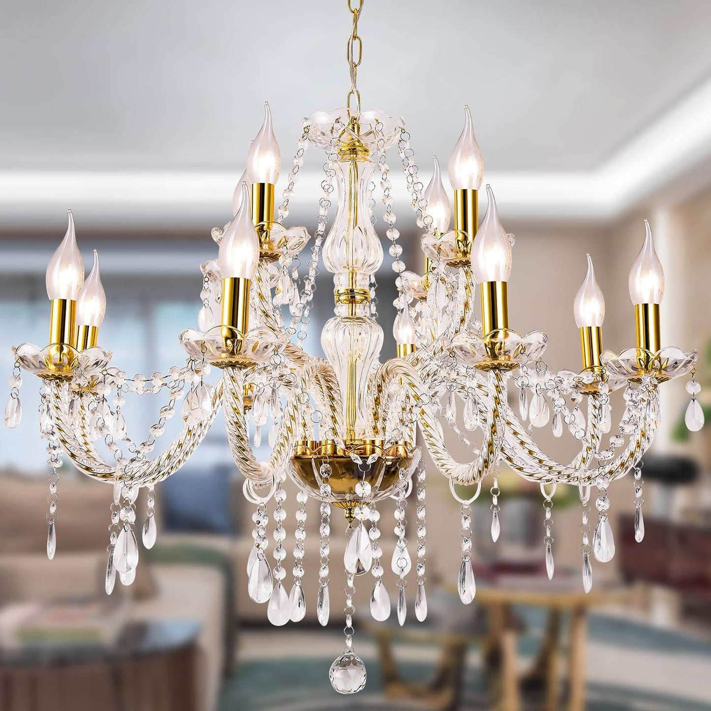 Panghuhu88 Crystal Gold Candle Chandeliers Lighting 12 Lights Pendant Ceiling Fixture Lamp for Dining Living Room Bedroom Hallway Entry Elegant Decoration (12 Heads)