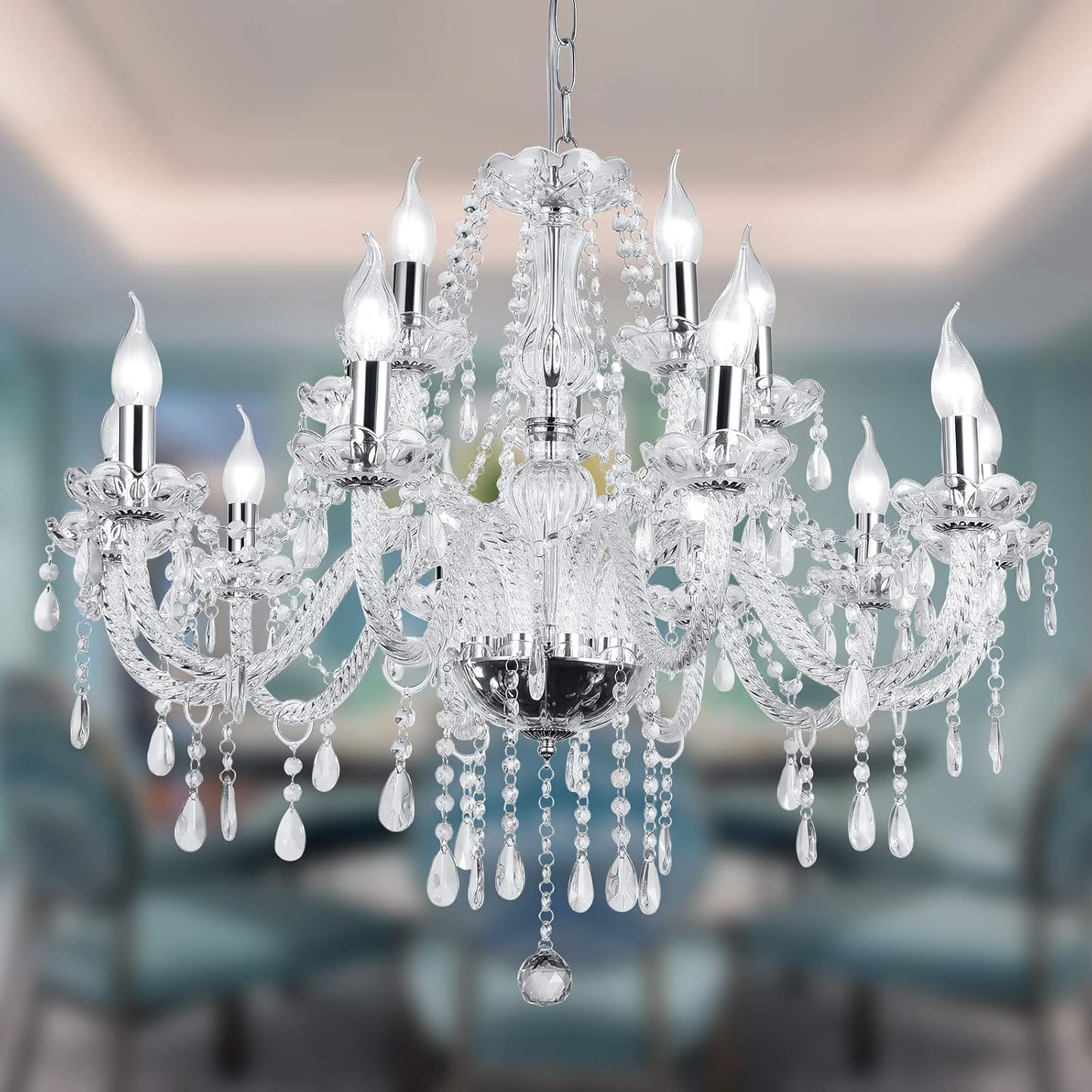 Timstono Modern Luxurious Candle Silver Crystal Chandelier, 12 Lights K9 Modern Crystal Chandelier for Dining Room, Pendant Lamp Ceiling Lighting for Living Bedroom Hall Balcony (12 Lights, Silver)
