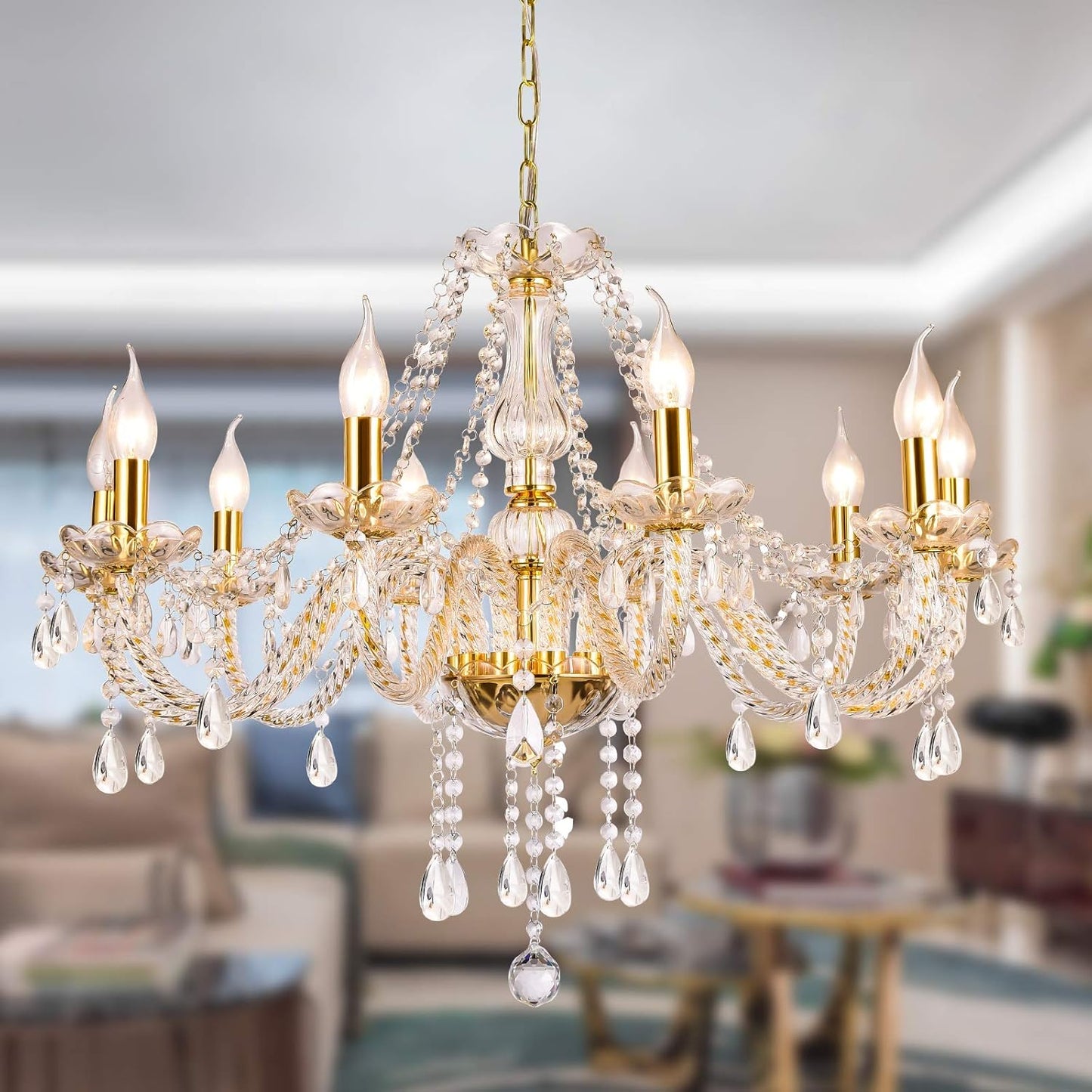 Panghuhu88 K9 Crystal Candle Chandeliers Lighting 12 Lights Pendant Ceiling Fixture Lamp for Dining Living Room Bedroom Hallway Entry Elegant Decoration (12 Bulbs)