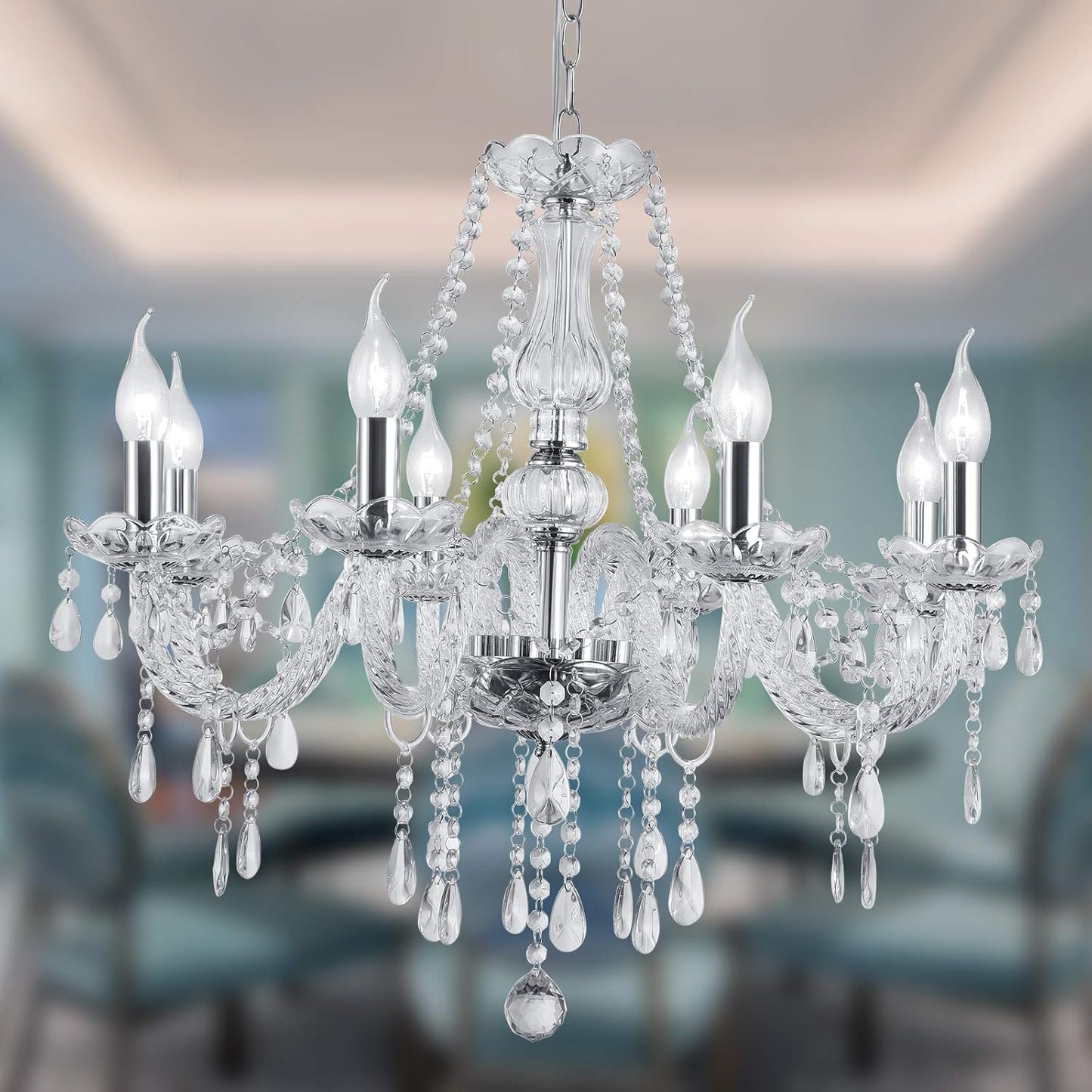 Silver Color Luxurious Candle Crystal Chandelier, 8 Lights K9 Modern Crystal Chandelier for Dining Room, Glass Ceiling Pendant Lamp for Living Bedroom Lighting Hall Balcony (8 Lights, Silver)
