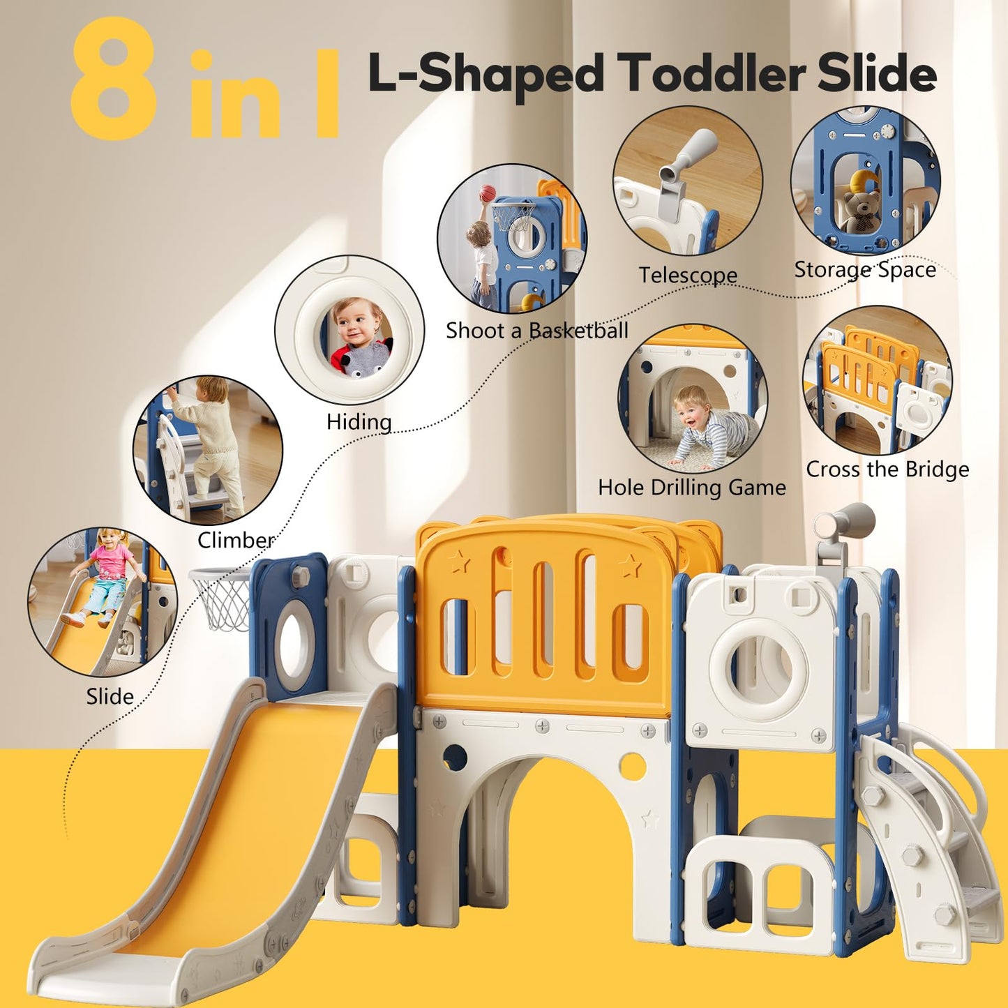 8 in 1 Toddler Slide,Kids Slide Playset for Toddler,Indoor Outdoor Slide Toddler Playset with Ball & Hoop, Storage Space and Non-Slip Steps,Gift for Boys and Girls 1-3 Years (Blue Orange)