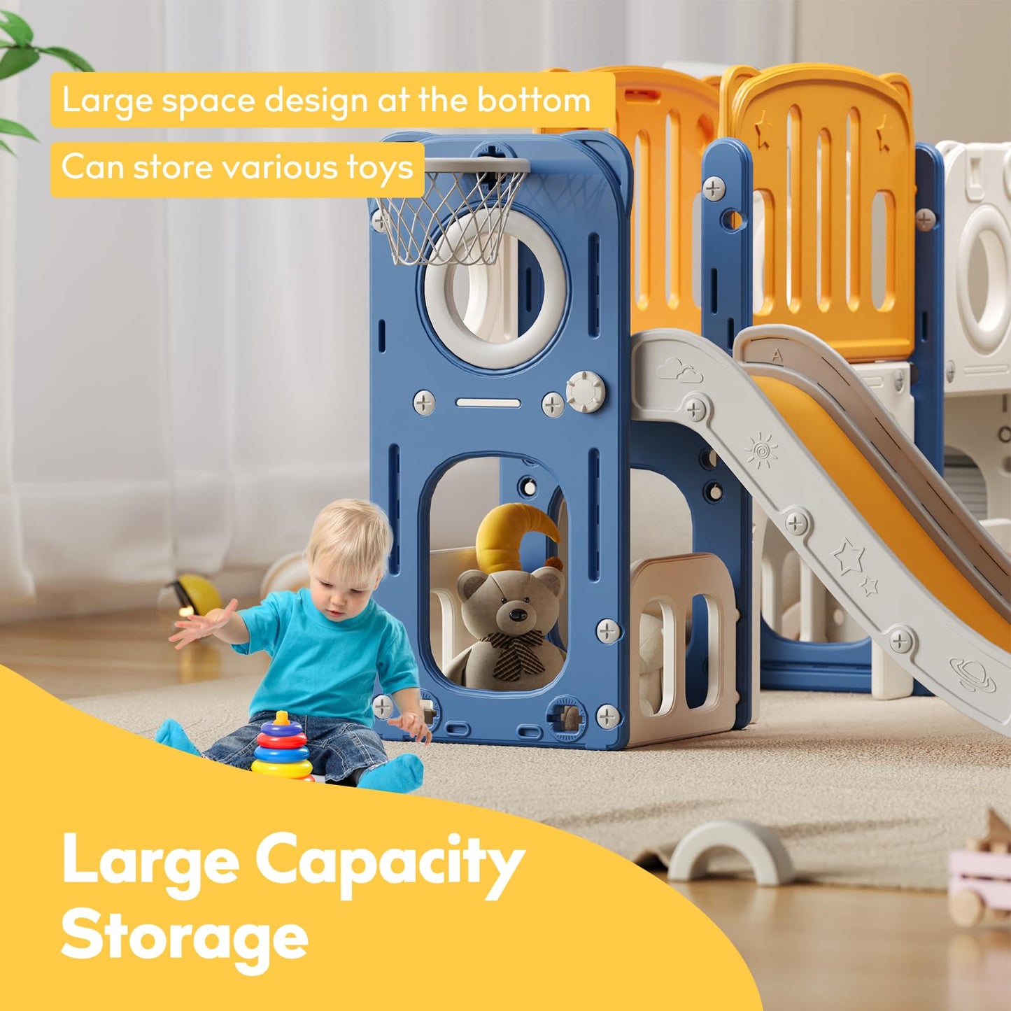 8 in 1 Toddler Slide,Kids Slide Playset for Toddler,Indoor Outdoor Slide Toddler Playset with Ball & Hoop, Storage Space and Non-Slip Steps,Gift for Boys and Girls 1-3 Years (Blue Orange)