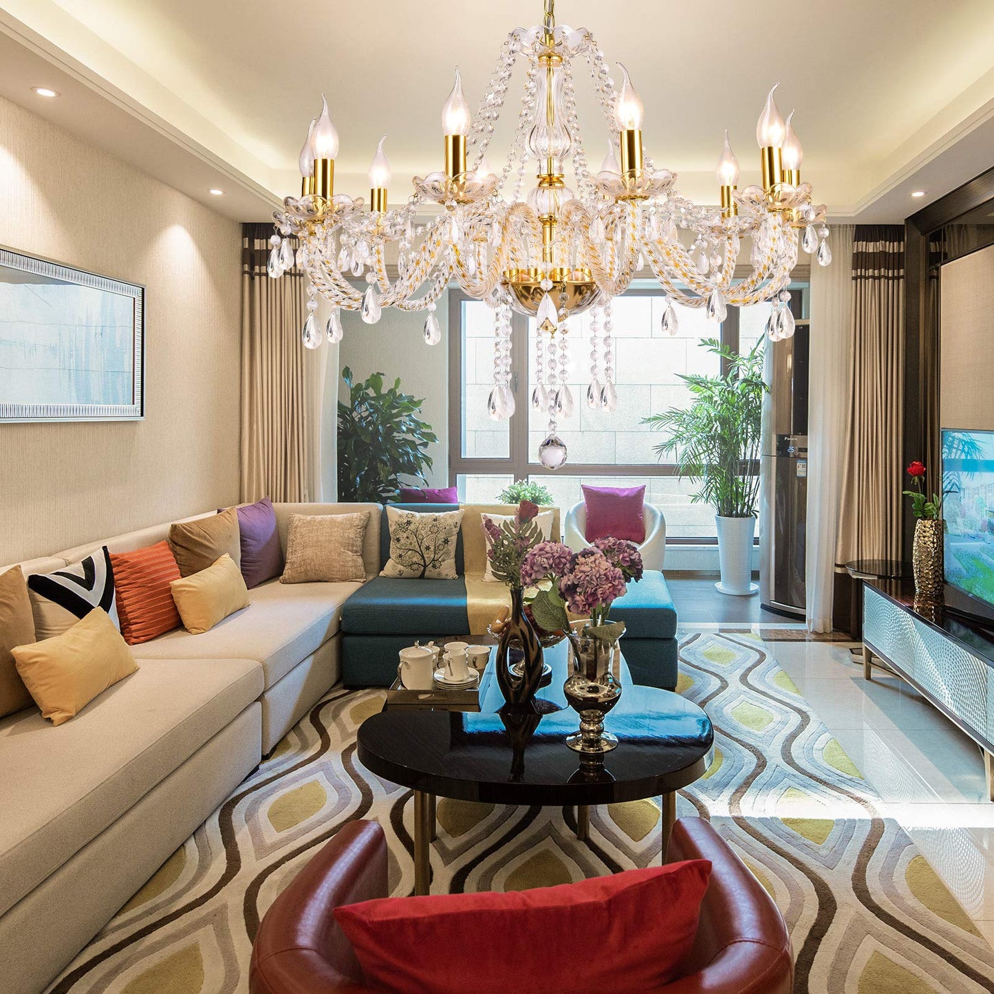 Gold Color Luxurious Candle Crystal Chandelier, 10 Lights K9 Modern Crystal Chandelier for Dining Room, Glass Ceiling Pendant Lamp for Living Bedroom Lighting Hall Balcony (10 Lights, Gold)