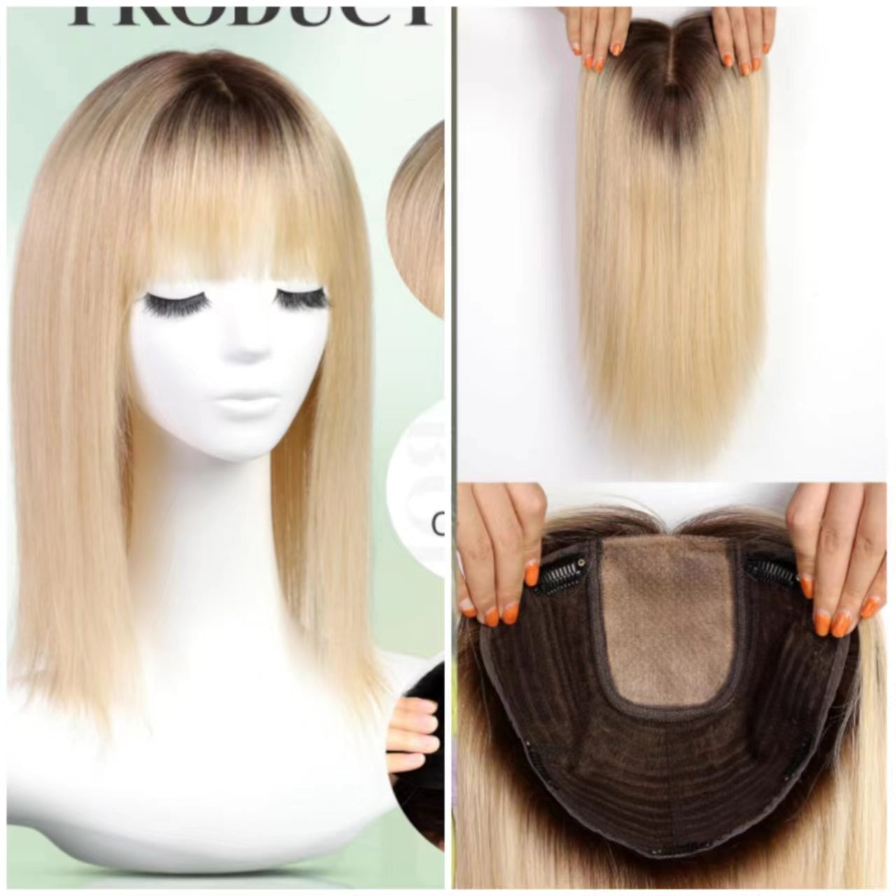 Nessxa Toupees Hair Topper With Bangs Straight 18inch Toppers 6.5“ ×6.5” Base Premium Synthetic Hair Pieces For Women-Light  pearl white