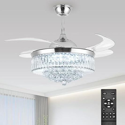 Bavnnro Crystal Ceiling Fan with Light,36 Inch LED 3 Color Remote Control Retractable Invisible Blades 3 Speeds Indoor Ceiling Light Kits with Fans for Living Room Bedroom