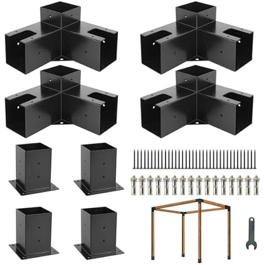 8PCS Pergola Kit Corner Brackets, BRRIY Pergola Brackets Kit 4x4 with 4 3-way Angle Corner Brackets and 4 Post Bases(3.5inchx3.5inch), Gazebo Kits for Extension Gazebo