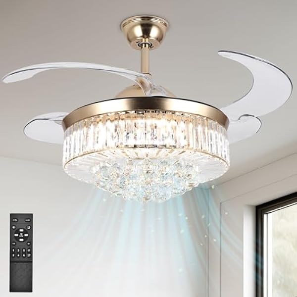 Panghuhu88 42"Invisible Ceiling Fan Chandelier Light,Modern Crystal Ceiling Fan Light Remote Control 4 Retractable ABS Blades for Bedroom Living Room Dining Room Decoration