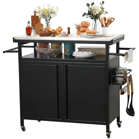 Outdoor Grill Cart with Storage on Wheels - 32 "H Outdoor Grill Table,Stainless Steel Top,Black (Hooks Not Included)