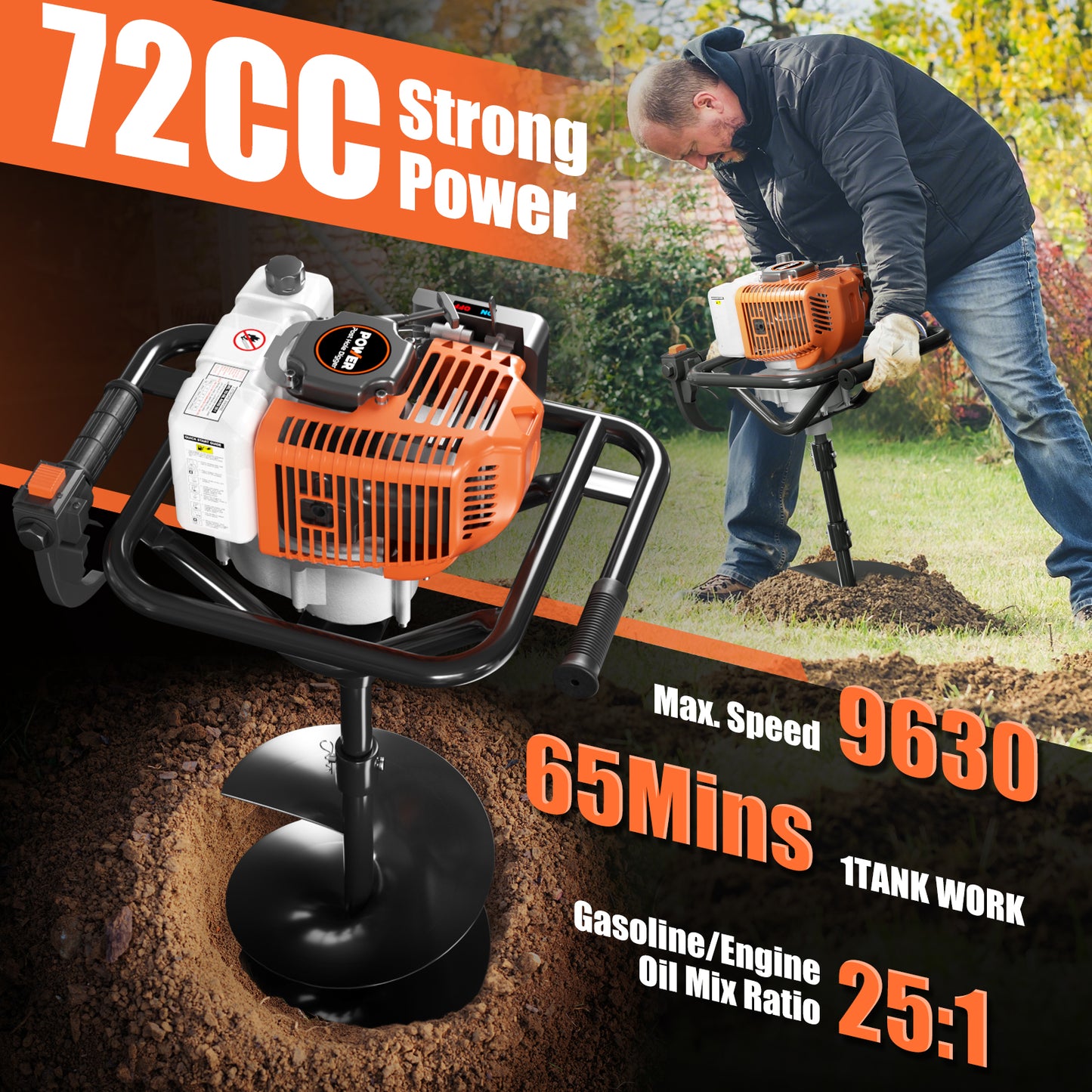 Baotree Post Hole Digger, 72cc Auger Post Hole Digger, Gas Powered Earth Digger with 2 Auger Drill Bits(6" &amp; 8") + 2 Extension Rods31.5" &amp; 15", for Farmland, Garden and Plant