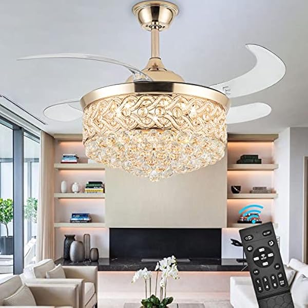 WWahuayuan 42" Ceiling Fans with Lights and Remote, Modern Retractable Invisible Chandelier Ceiling Fan Light with 4 Retractable ABS Blades for Bedroom Living Room Dining Room Decoration