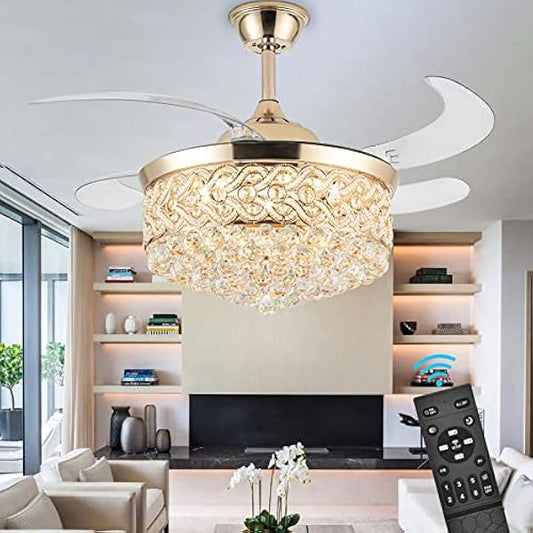 WWahuayuan 42" Ceiling Fans with Lights and Remote, Modern Retractable Invisible Chandelier Ceiling Fan Light with 4 Retractable ABS Blades for Bedroom Living Room Dining Room Decoration