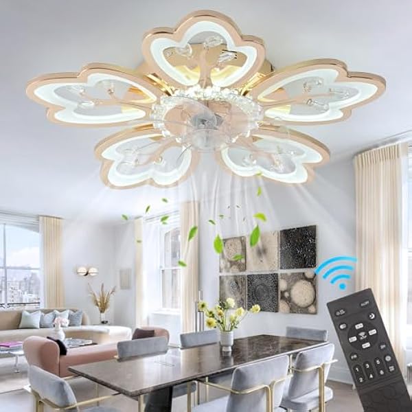 meefuns 26 in Flower Ceiling Fan with Lights Remote Control - 6 Speed 3 Color Dimmable Ceiling Lamp with Invisible Blades for Living Room Bedroom (Gold)