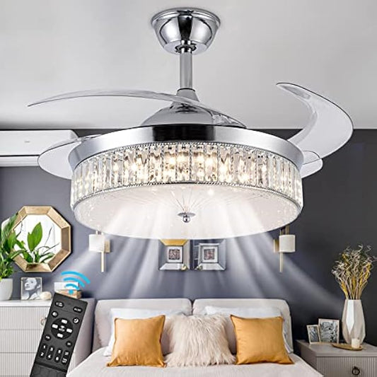 CoscosX 42" Retractable Crystal Ceiling Fans with Lights, Stepless Dimmable Chandelier Ceiling Fans Remote Control Invisible Blades, Reversible Fandelier Fans for Living Room Bedroom