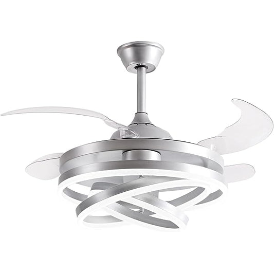 Panghuhu88 42" Invisible Ceiling Fan Chandelier Light,Modern DIY Ceiling Fan Light Remote Control 4 Retractable ABS Blades for Bedroom Living Dining Room Decoration (Silver)