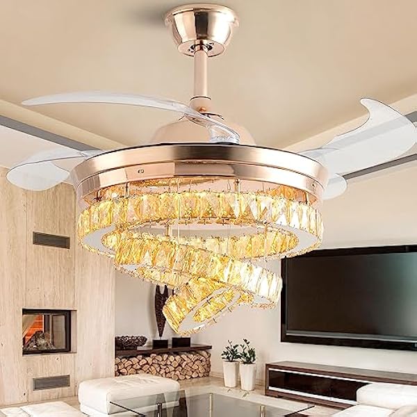 Panghuhu88 42" Crystal Ceiling Fan with Lights,Modern DIY Crystal Chandelier Ceiling Fan with Remote Control,Invisible Retractable Ceiling Fan for Living Room Bedroom Dining Room (Big Crystal, Gold)