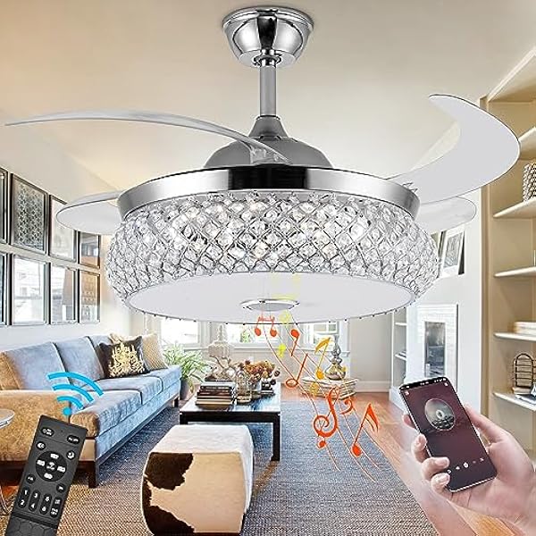 Panghuhu88 42" Invisible Ceiling Fan Chandelier with Light and Bluetooth Speaker,Modern 3 Color Change Crystal Ceiling Fan Light Remote Control 4 Retractable ABS Blades for Bedroom