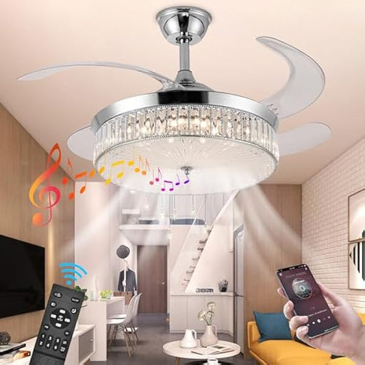 Bavnnro Crystal Ceiling Fans with Lights Smart Bluetooth Music Player,42Inch LED Stepless Dimmable,Remote Control Retractable Invisible Blades 6 Speeds Indoor Fandelier for Living Room Bedroom
