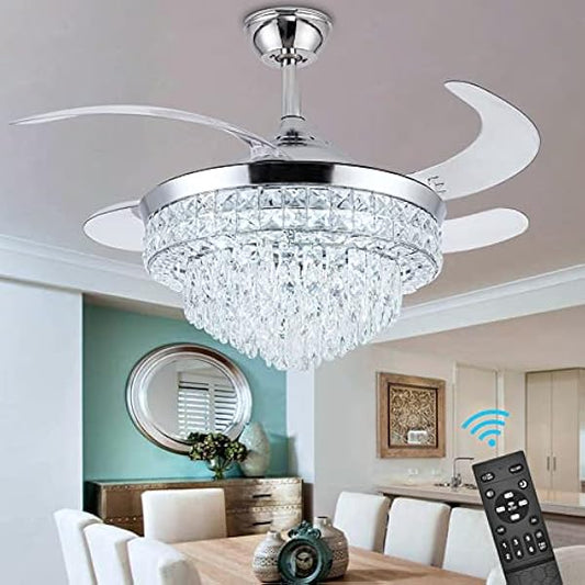 Crystal Ceiling Fan with Light,42Inch Crystal Fandelier, Modern Stepless Dimmable Chandelier Fan with Remote Control 6 Speeds Retractable Ceiling Fan Indoor for Bedroom Living Room Dining Room