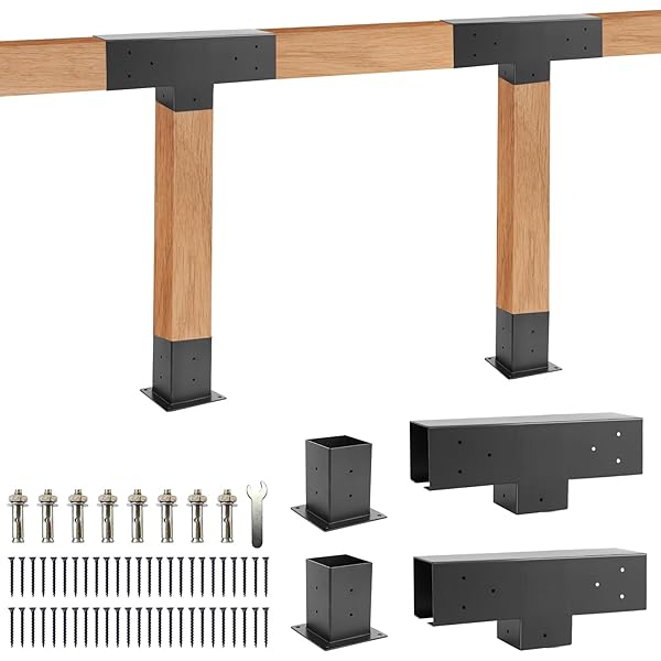 Pergola Brackets Kit 4x4 - BRRIY 3-Way Right Angle Corner Bracket, Pergola Brackets Base Kit with 2 T-brackets and 2 Bases, Gazebo Hardware Kit for Extension Gazebo