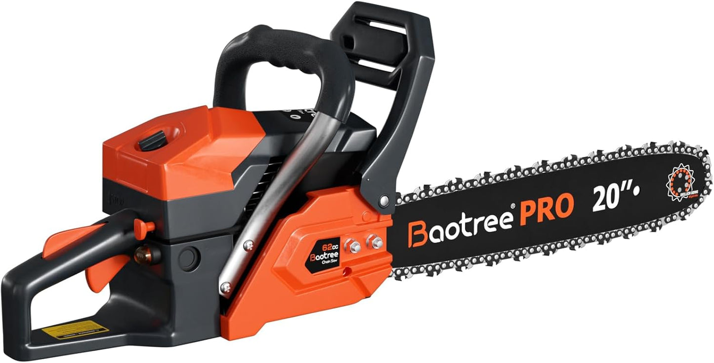 62cc Gas Chainsaw, 20-Inch Professional Chainsaw with 2-Cycle Engine & Anti-Vibration System, Quick Start Technology for Tree Cutting, Firewood, Logging