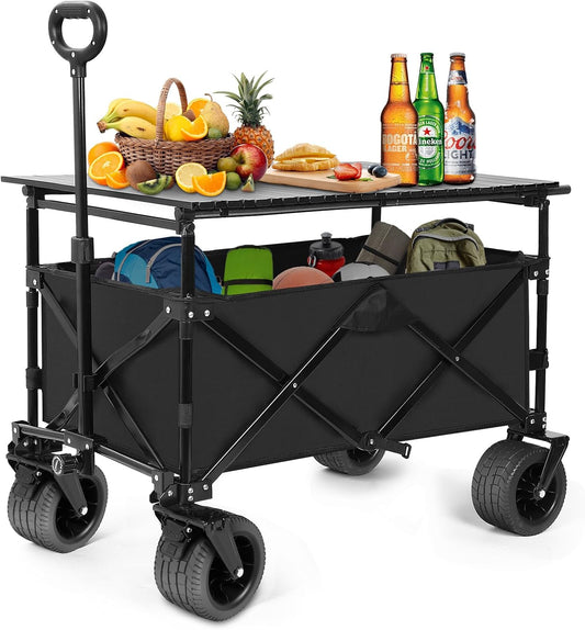 SHINLEYPACK Collapsible Wagon with Table, Large Capacity Foldable Wagons Carts, Beach Wagon with Big Wheels, Heavy Duty Beach Car Utility Wagon for Outdoor Park, Shopping, Sports, Camping, Garden