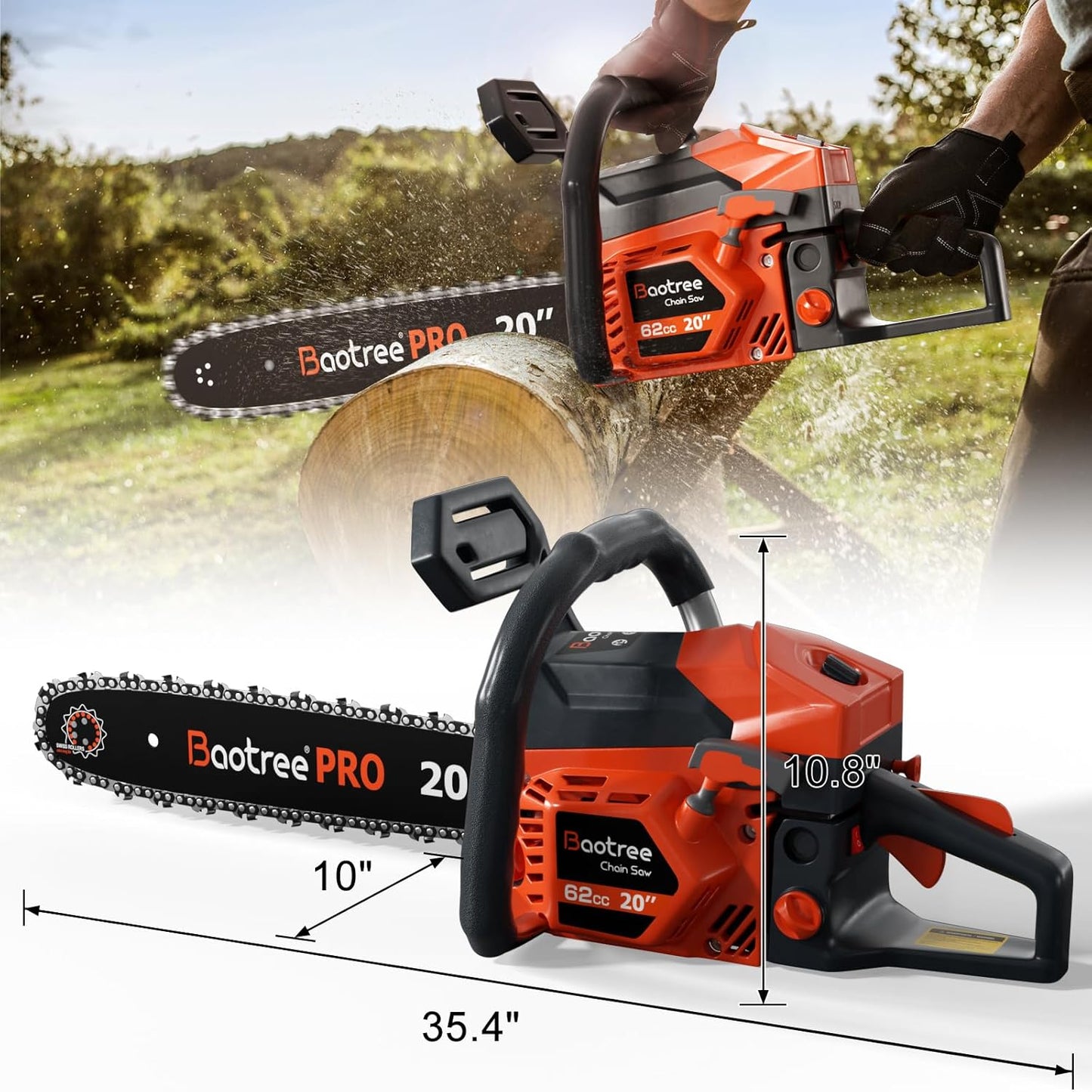62cc Gas Chainsaw, 20-Inch Professional Chainsaw with 2-Cycle Engine & Anti-Vibration System, Quick Start Technology for Tree Cutting, Firewood, Logging