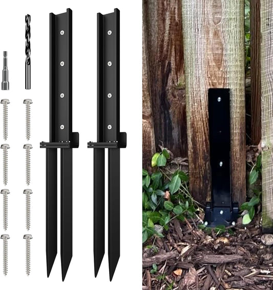 Heavy Duty Fence Post Repair Kit - 2 Pack | Thicker Anchor Ground Spike for Broken/Tilted Fence Post | Black Fence Post Stakes