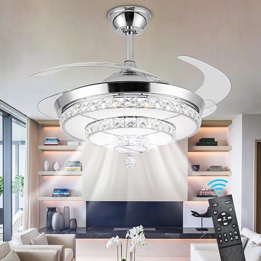 Panghuhu88 42" Fandelier Invisible Ceiling Fan Chandelier with Light,Modern Crystal Ceiling Fan Light Remote Control 4 Retractable ABS Blades for Bedroom Living Dining Room Decoration