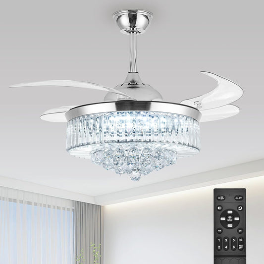 Crystal Ceiling Fans with Lights,42 Inch LED 3 Color Remote Control Retractable Invisible Blades 3 Speeds Indoor Ceiling Light Kits with Fans for Decorate Living Room Bedroom