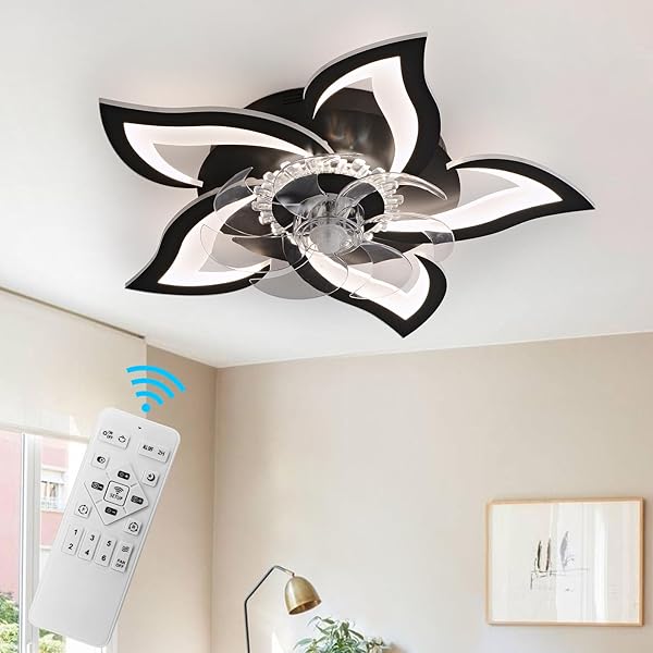 Flytohom Flower Ceiling Fan with Lights Remote Control, Modern Low Profile Ceiling Fan 27 Inch, Small Flush Mount Ceiling Fan Lights for Bedroom, Living Room, Kitchen (Black)